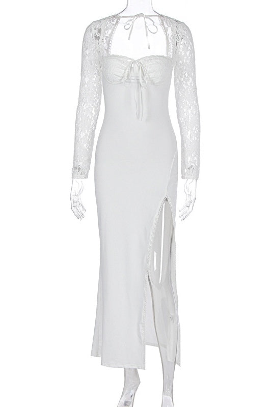 Lace-print Long Sleeves Side Slit Dress