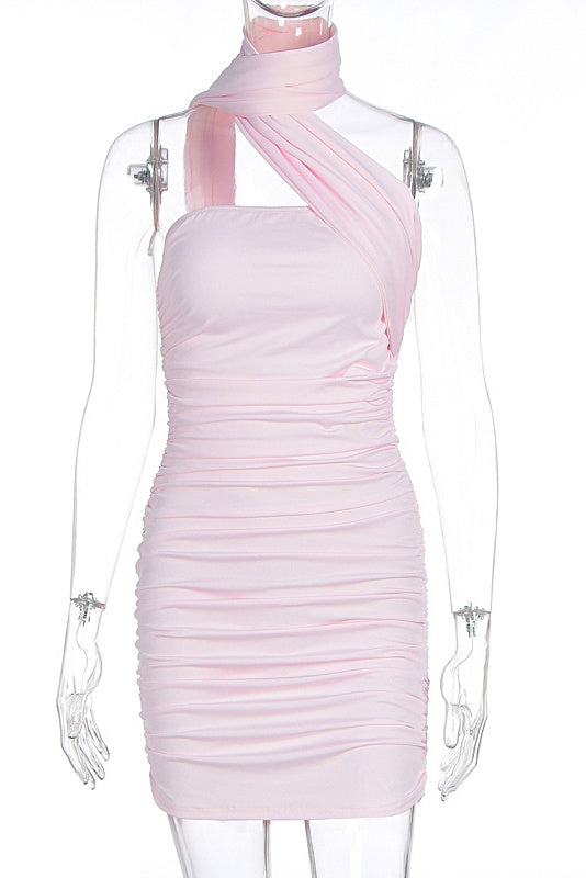 Light Pink Halter-style Flowing Ribbon Mini Dress