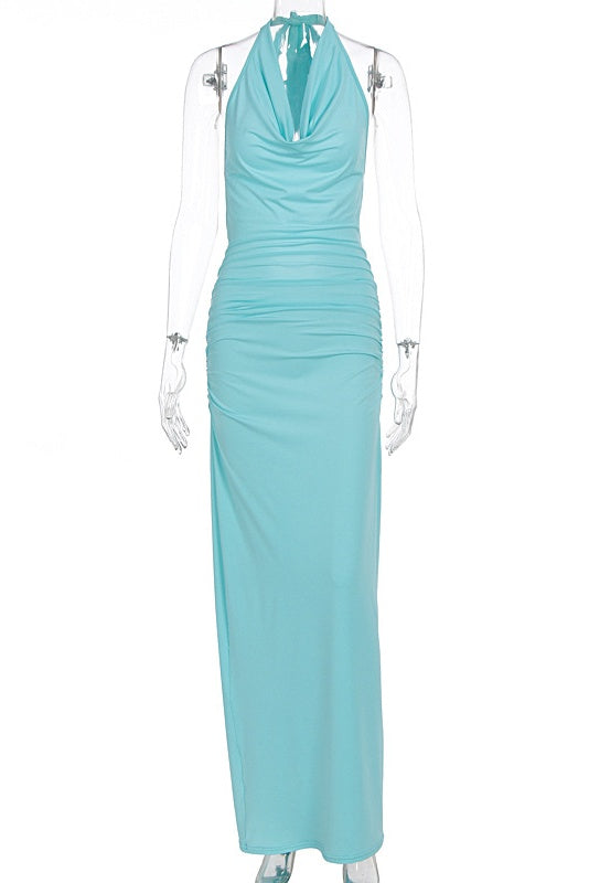 Teal Halter Tie Cowl Neck Dress