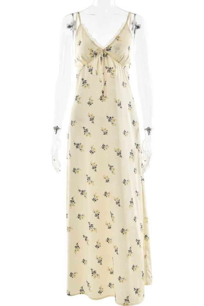 Yellow Print Lace Trim Spaghetti Strap Dress