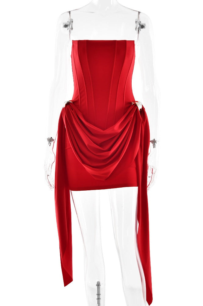 Red Bodycon Strapless Ruched Ribbon Mini Dress