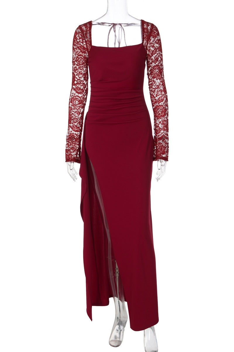 Lace-print Long Sleeves Burgundy Side Slit Dress