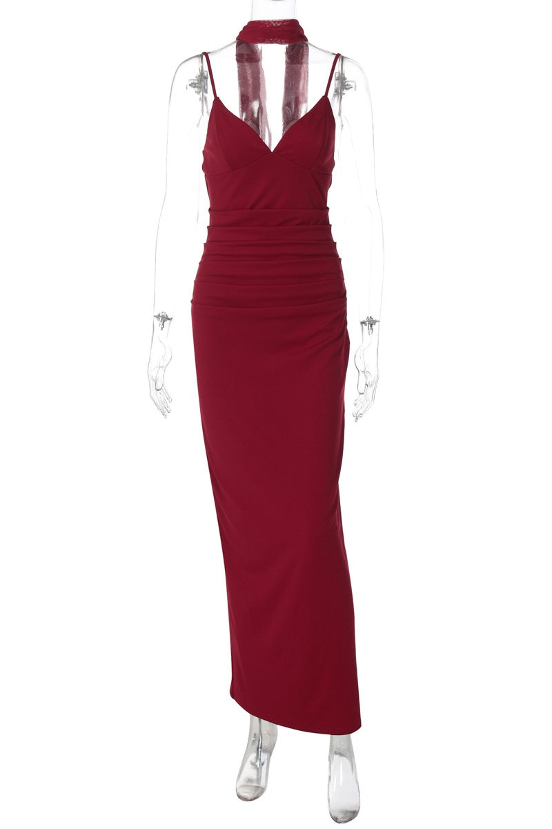 Burgundy Halter Ribbon Back Slit Long Dress
