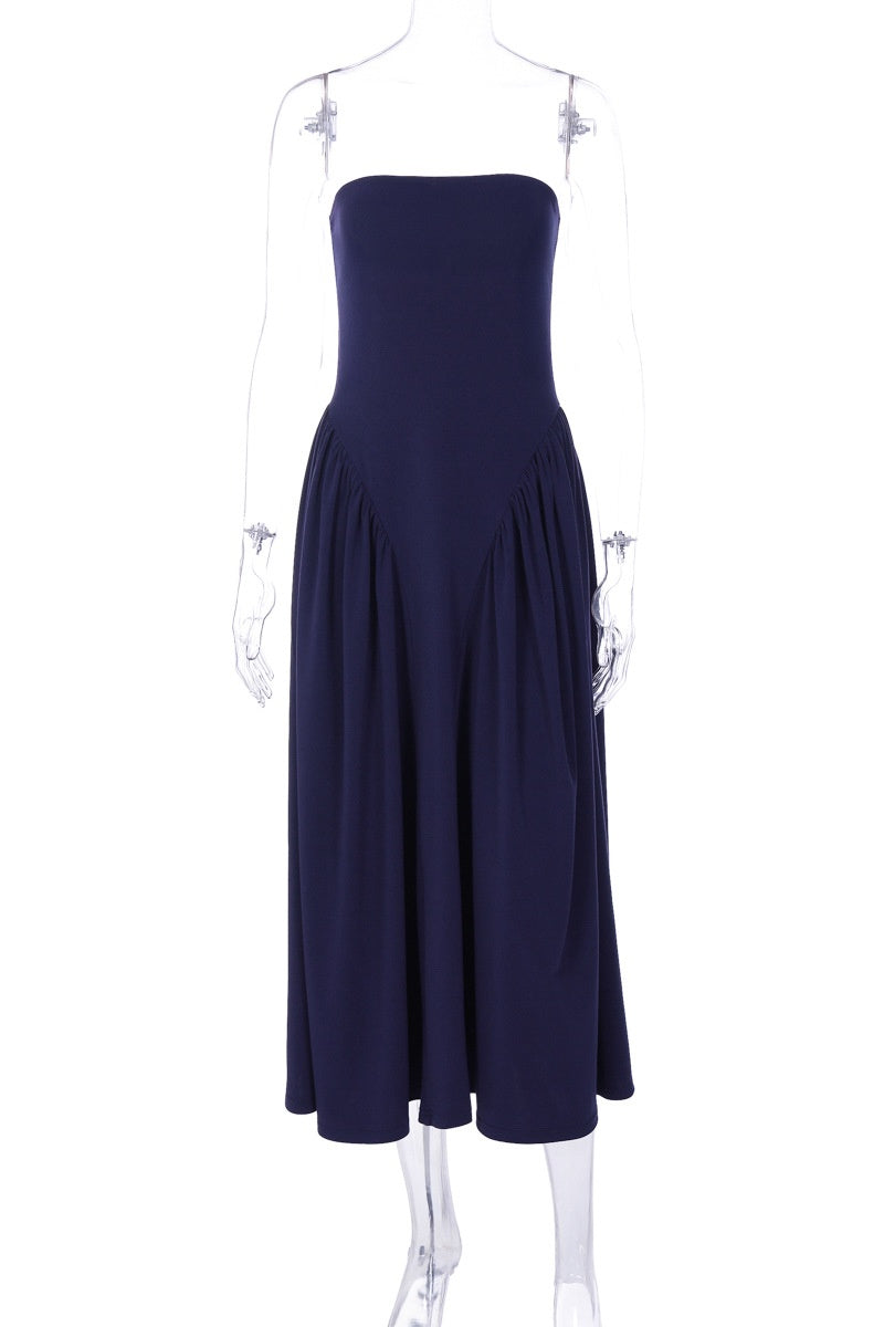 Navy Blue Strapless A-line Ruffled Long Dress