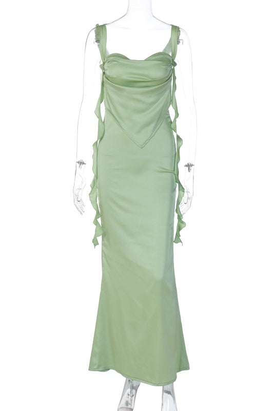 Lime Green Ruffled Ribbon Shoulder Straps Dress