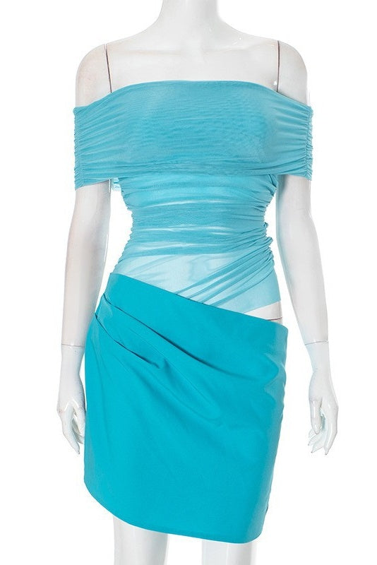 Blue Mesh Panels Cut-out Mini Dress