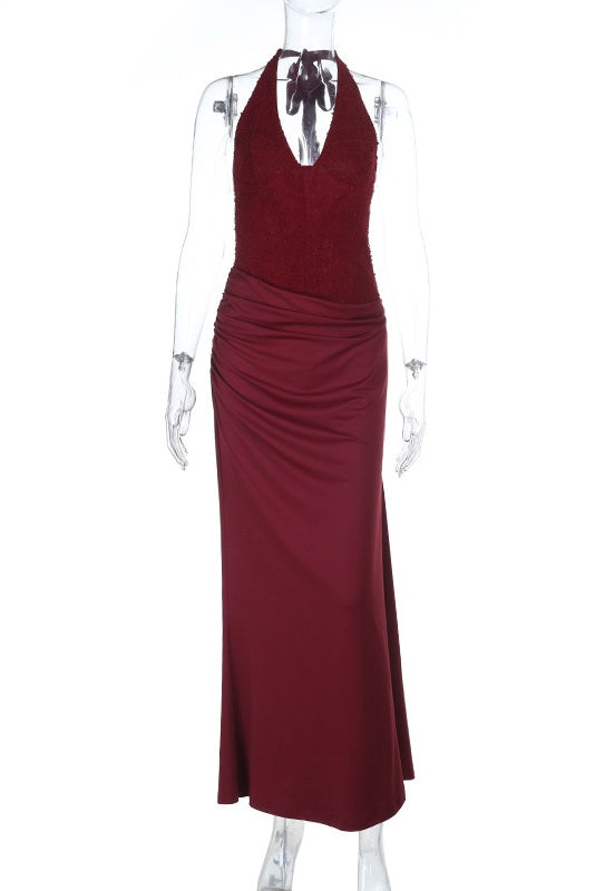 Burgundy Sequin Panels Halter Long Dress