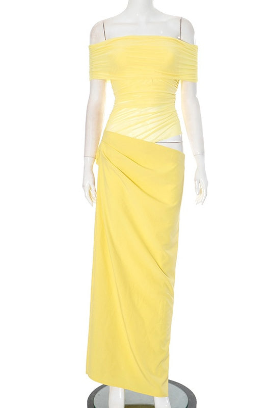 Yellow Mesh Off the Shoulder Cut-out Long Dress