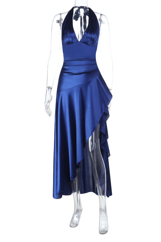 Navy Blue Halter Side Slit Long Dress
