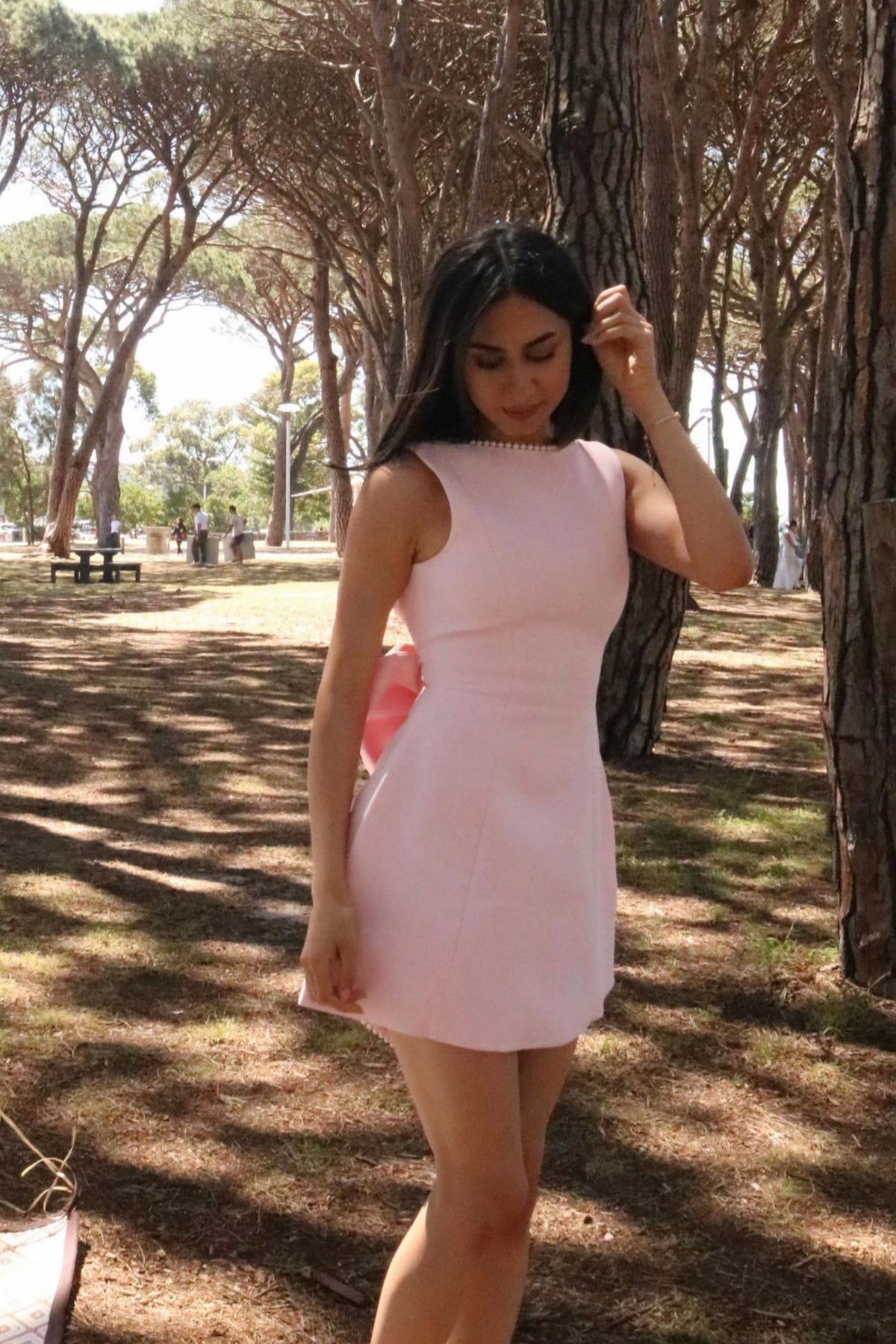 Light Pink Bow A-line  Pearls Mini Dress