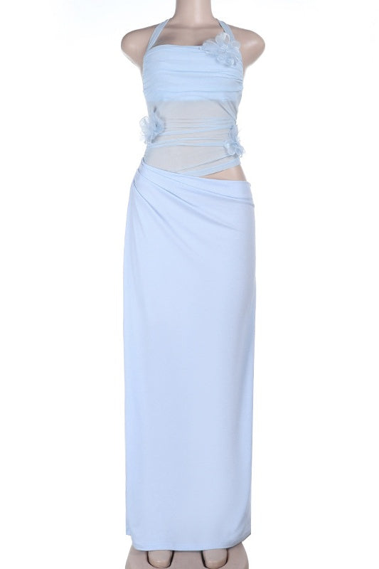 Light Blue 3D Floral Cut-out Long Dress