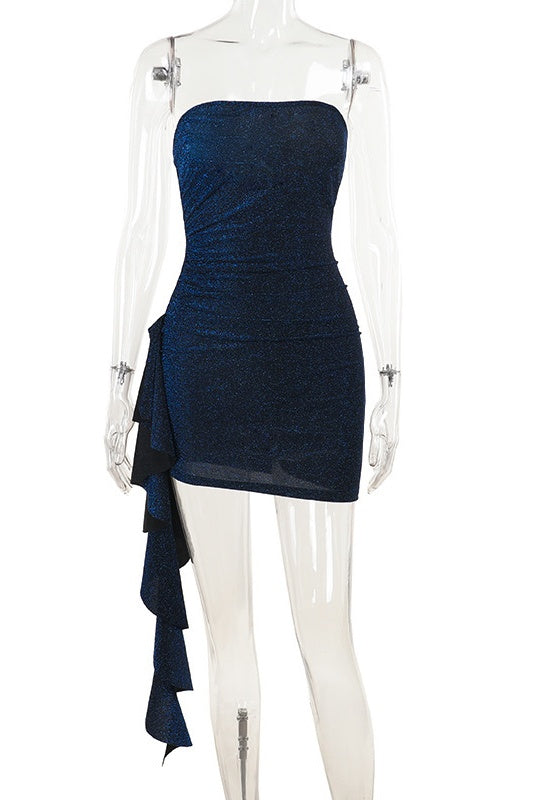 Navy Blue Bodycon Strapless Train Mini Dress