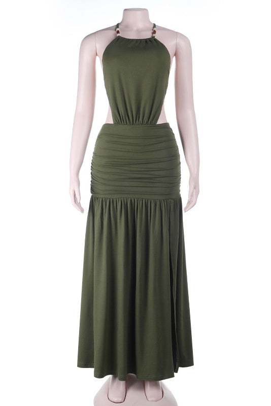 Olive Green Halter Open Back Dress