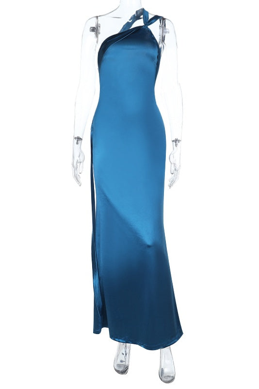 Sapphire Blue One-shoulder with Halter Sash Dress