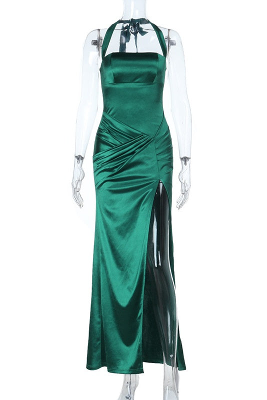Green Satin Halter Side Slit Long Dress
