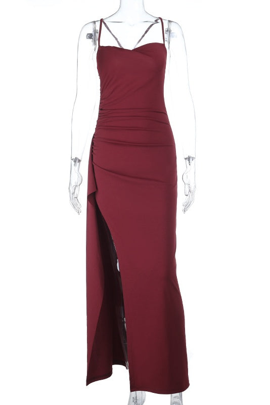 Burgundy Spaghetti Straps Ruffle Slit Dress