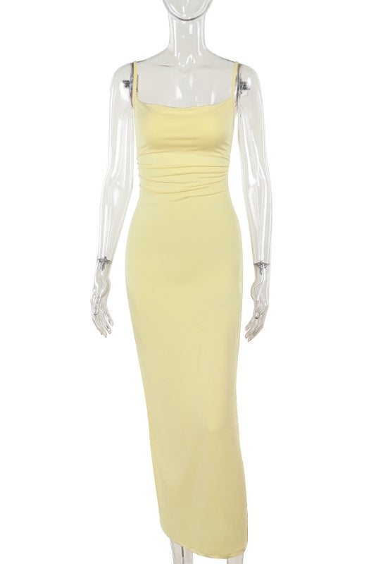 Light Yellow Spaghetti Straps Lace-up Long Dress