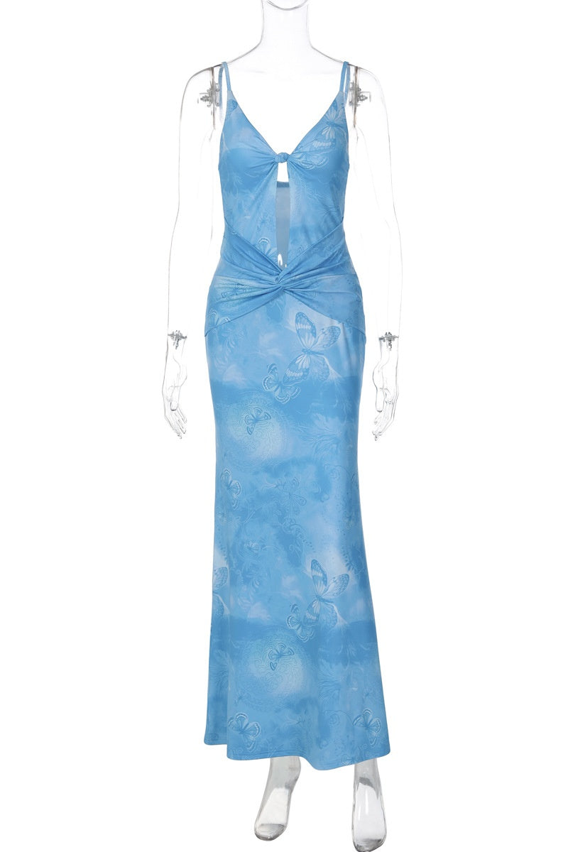 Blue Print Spaghetti Straps Cut-out Long Dress