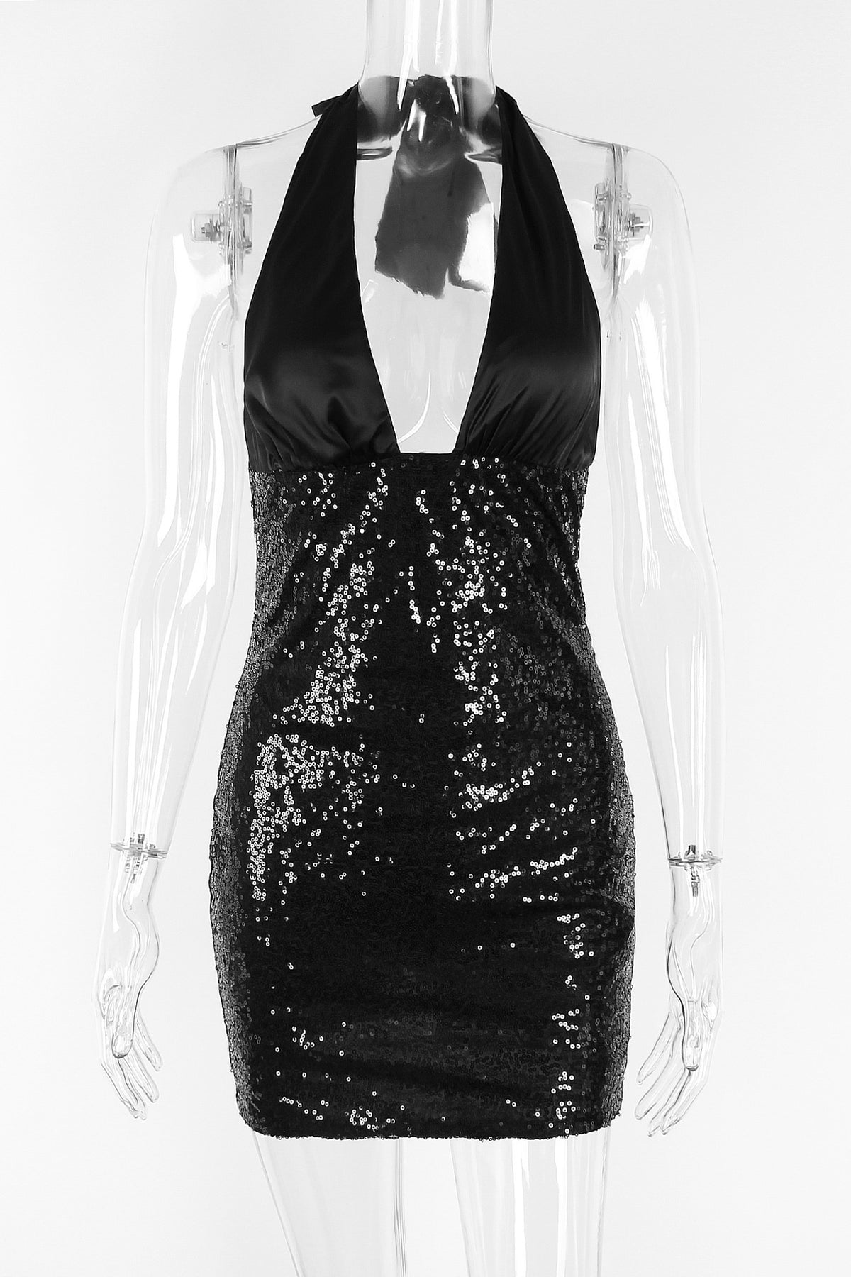 Black Sequin Halter V-Neck Bodycon Mini Dress