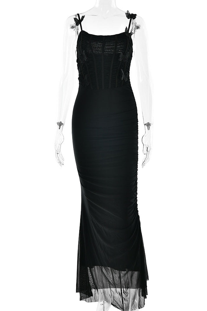 Black Spaghetti Strap 3D Butterfly Long Mermaid Dress