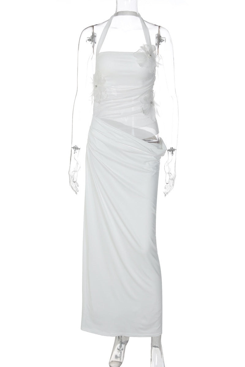White Halter 3D Floral Waist Cut-out Long Dress