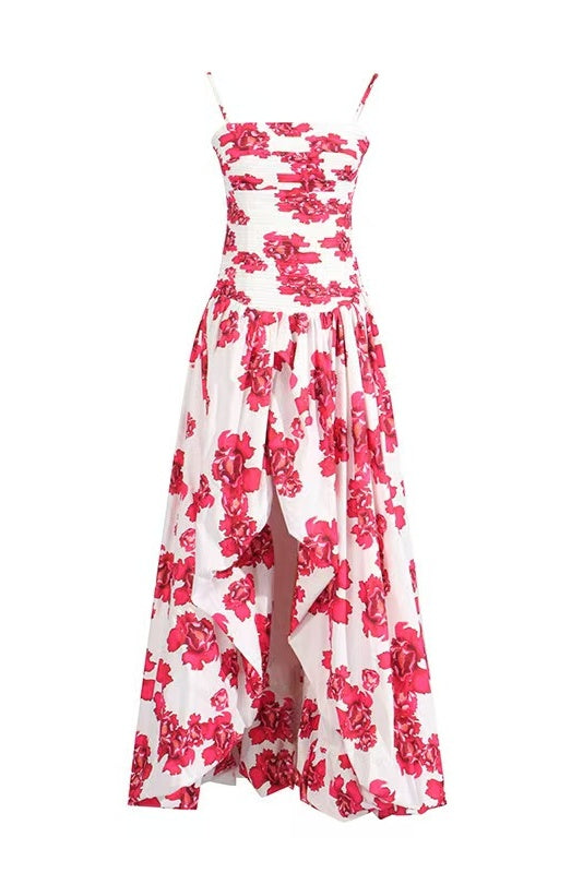 Red Print Bubble Long A-line Dress