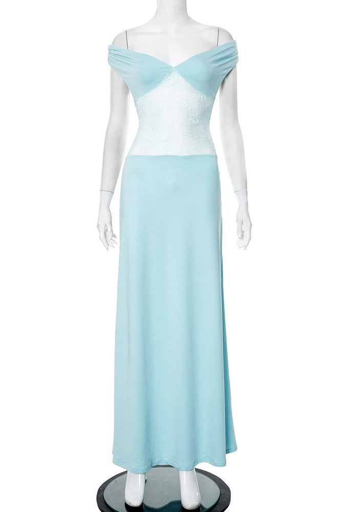 Blue Mesh Panels Waist Cut-out Long Dress