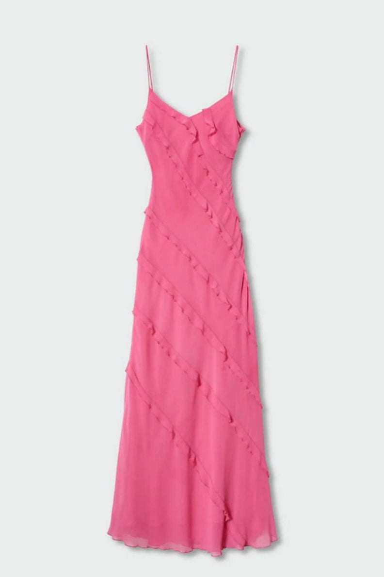 Spaghetti Straps V-Neck Ruffle Long Dress