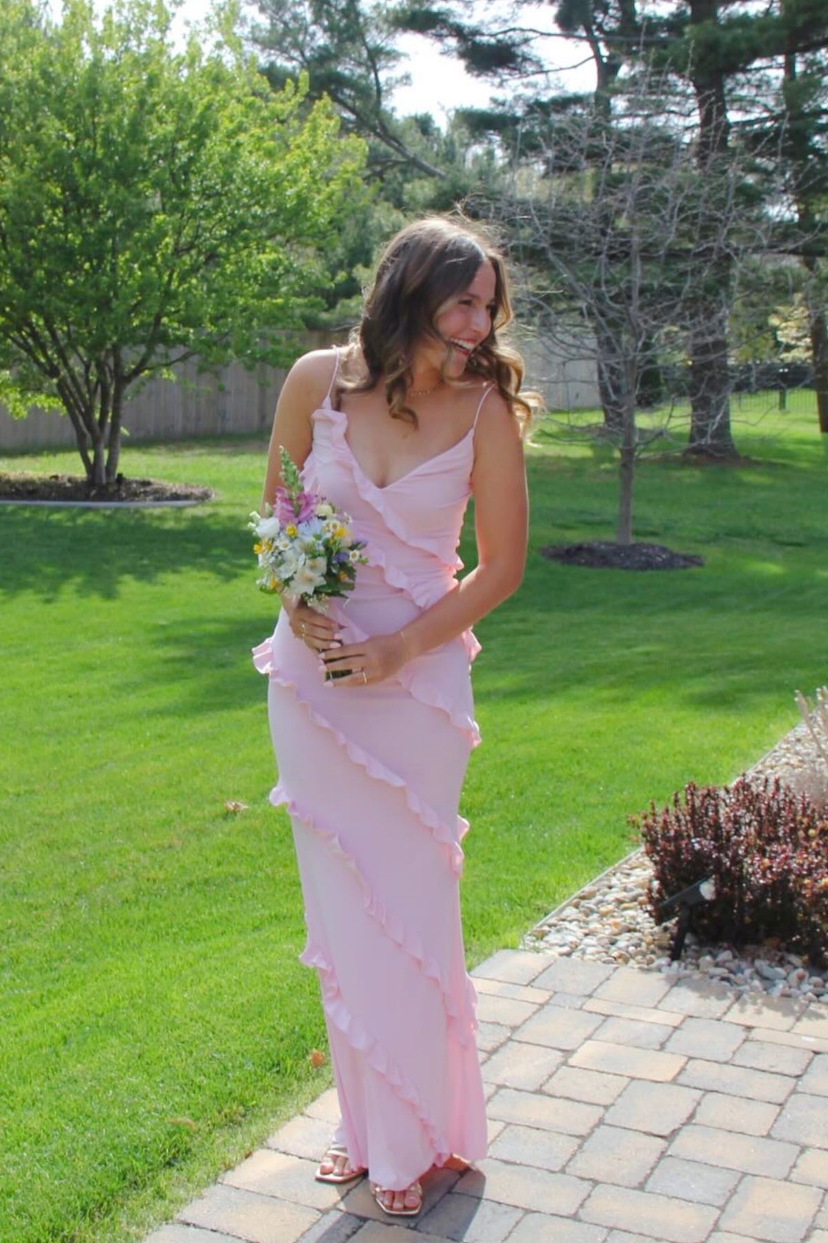 Pink Spaghetti Straps V-Neck Ruffle Long Dress