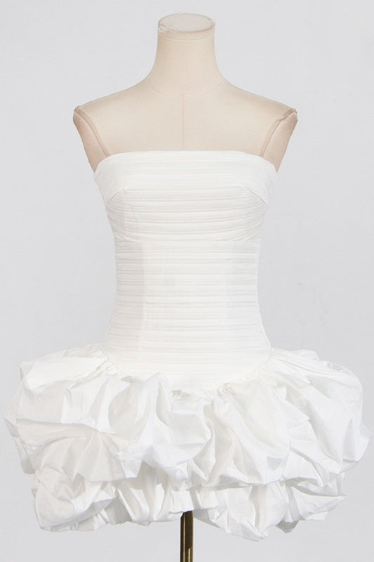 White Tiered Ruched Bubble Mini Dress
