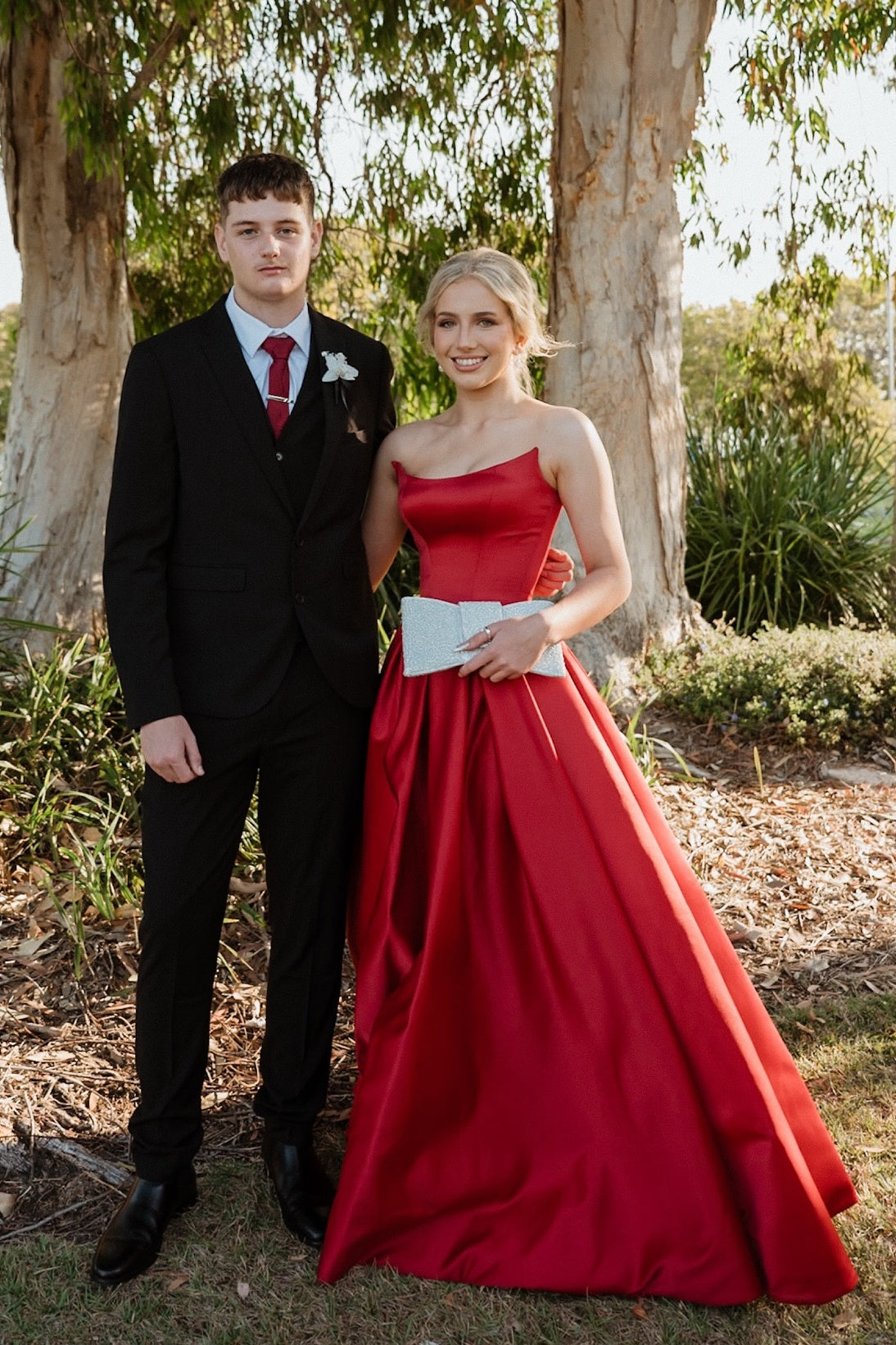 Red Strapless Side Slit Satin A-line Gown – Dressesforparty