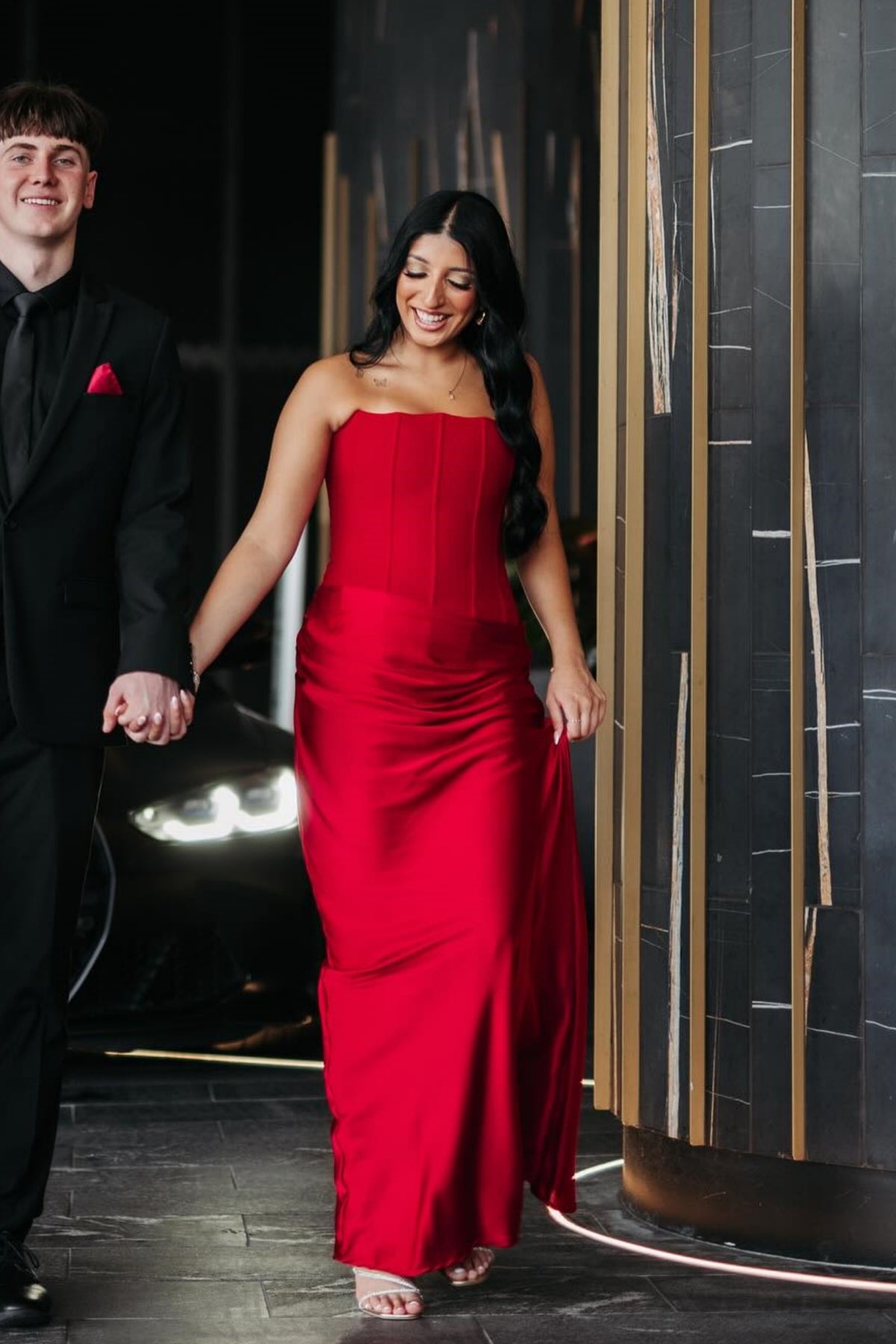 Red Strapless Fitted Ruched Satin Long dress