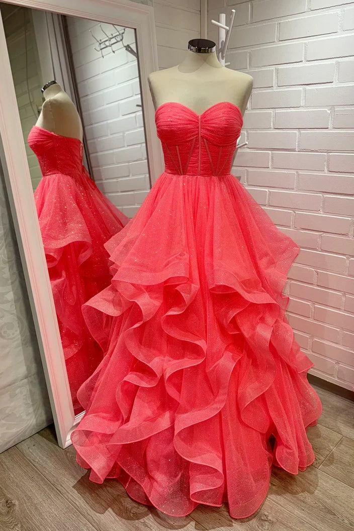 Coral Sweetheart Tiered Ruffled Tulle Dress