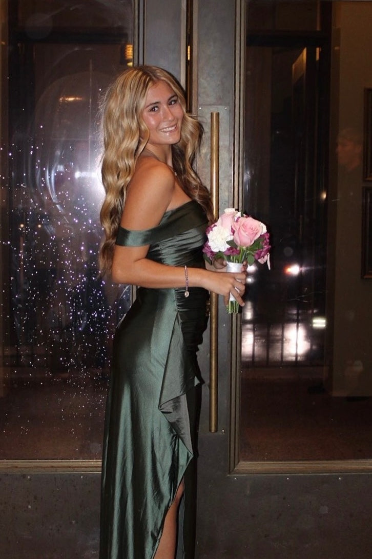 Dark Green Off the Shoulder Frill Slit Long Dress