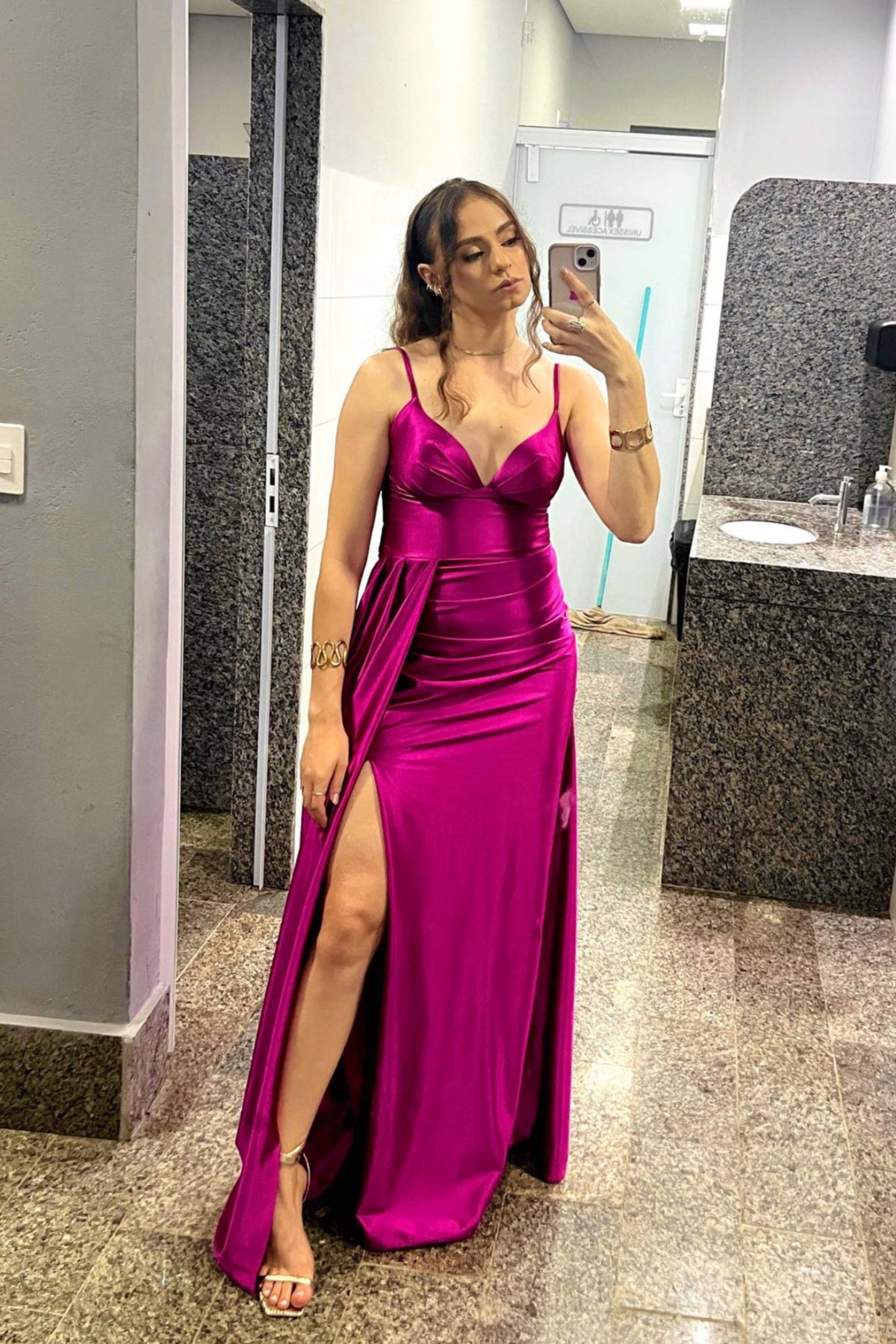 Magenta V-neck Side Slit Satin Long Dress