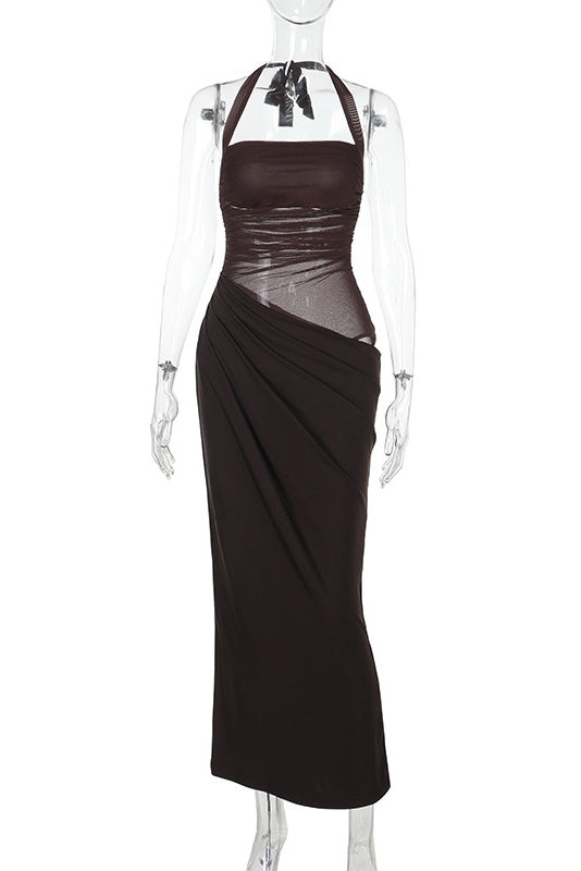 Brown Halter Tie Long Dress with Waist Cut-Out