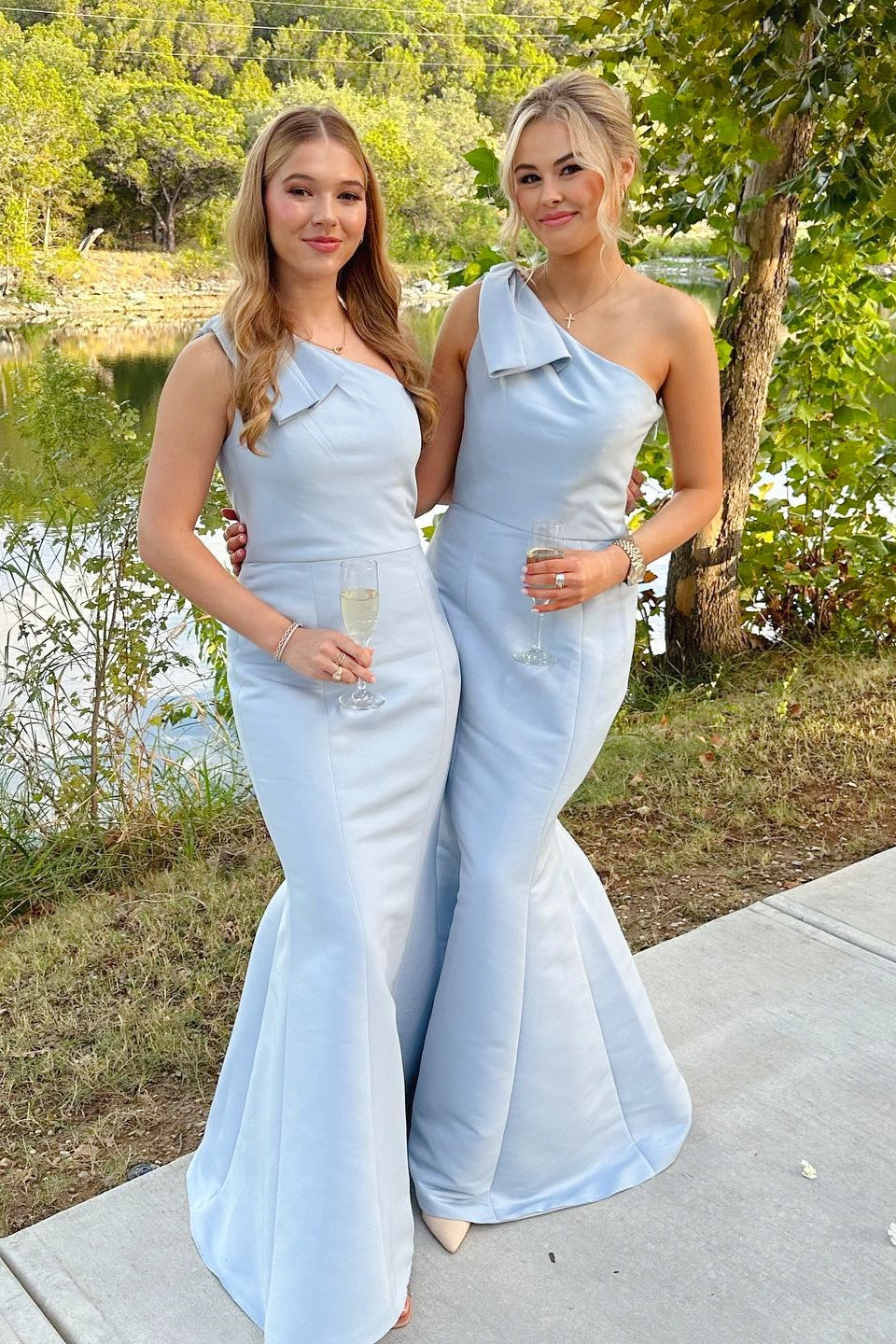 Light Blue One-shoulder Long Bridesmaid Dress