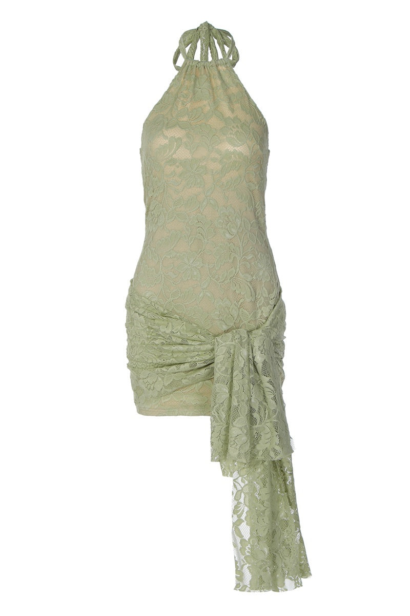 Sage Green Lace Halter-Tie Bodycon Dress