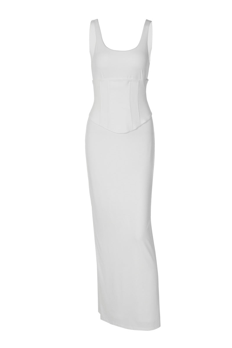 White Fitted Two-Piece Set with Square Neckline