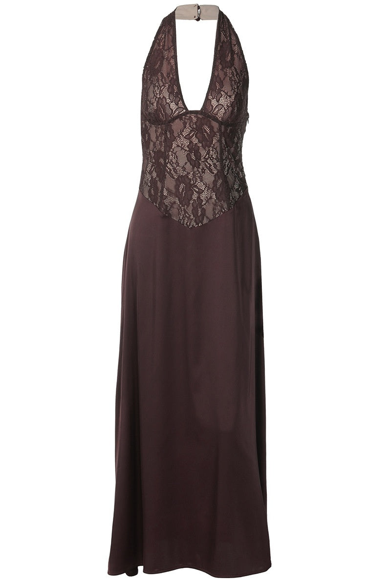 Brown Lace Halter V-Neck A-Line Dress