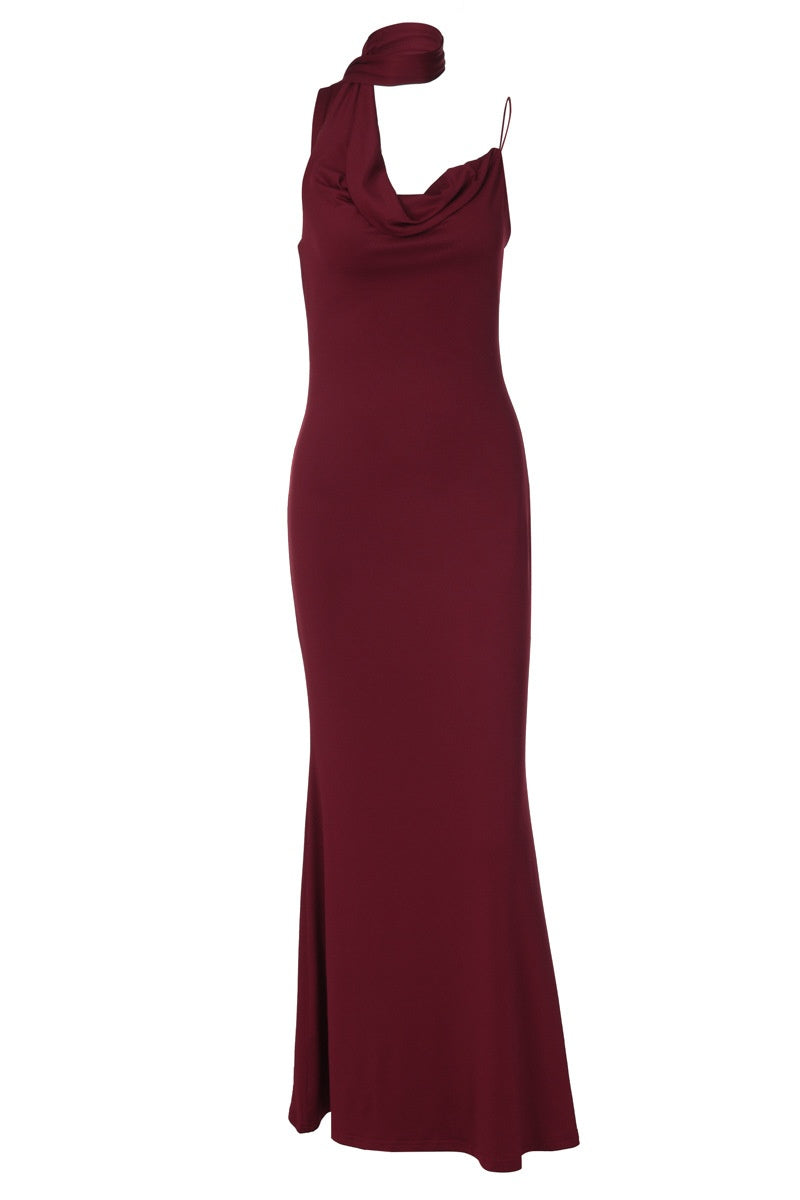 Burgundy Halter-Ribbon Fitted Long Dress