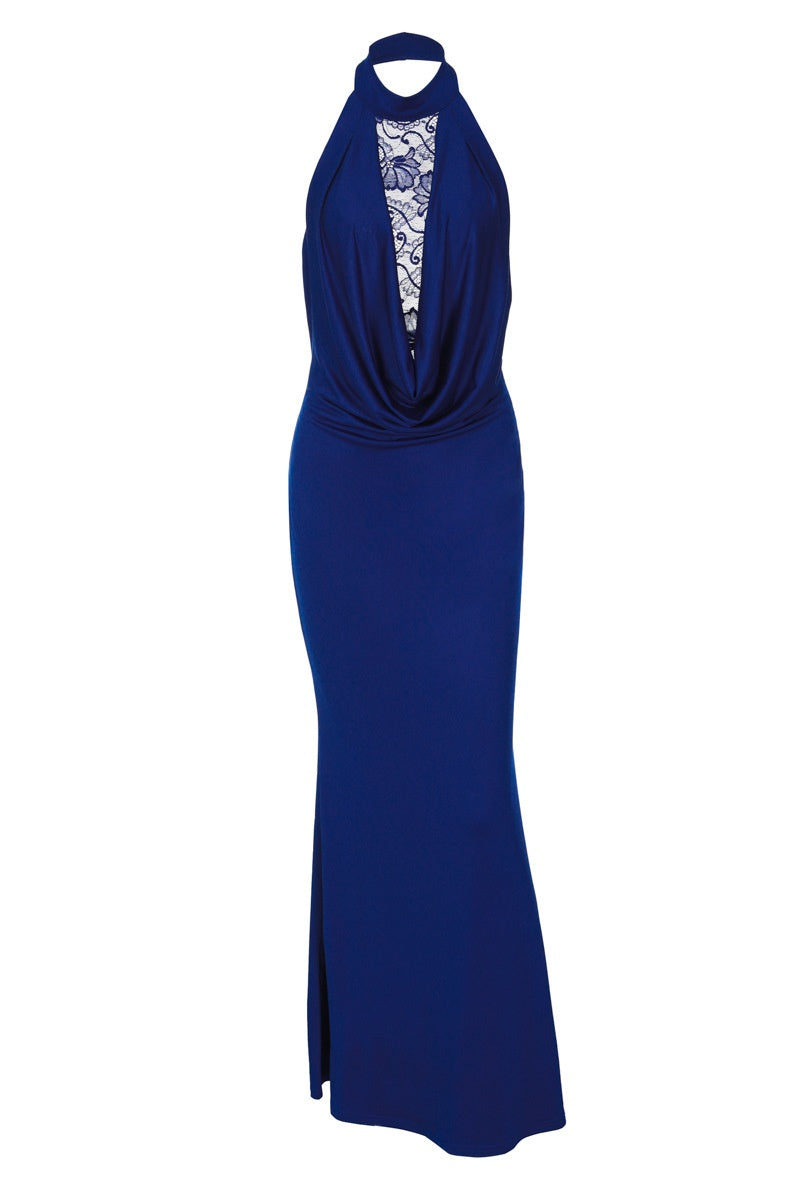 Royal Blue Lace Halter-Fitted Long Dress