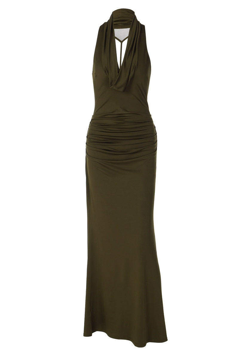 Olive Green Plunging Cowl-Neck Ruched Long Dress