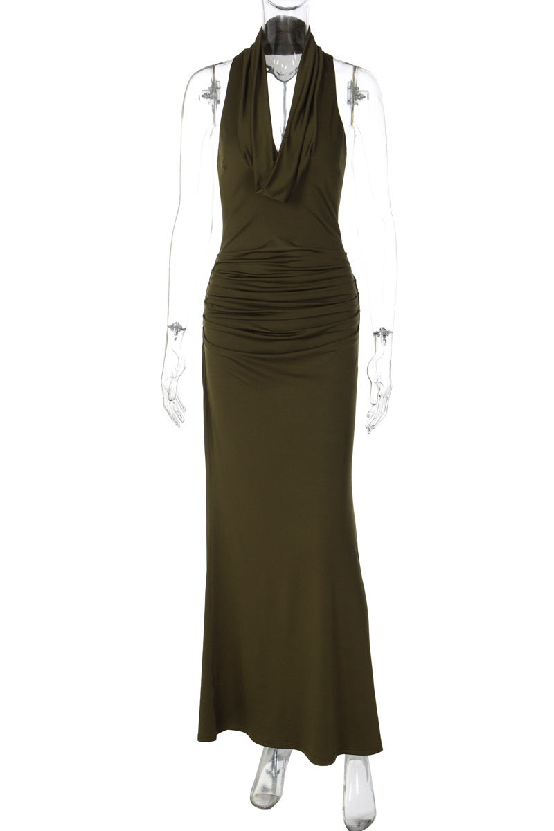Olive Green Plunging Cowl-Neck Ruched Long Dress Dressesforparty Olive Green Plunging Cowl-Neck Ruched Long Dress Dressesforparty