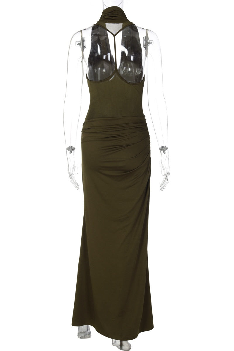 Olive Green Plunging Cowl-Neck Ruched Long Dress Dressesforparty Olive Green Plunging Cowl-Neck Ruched Long Dress Dressesforparty