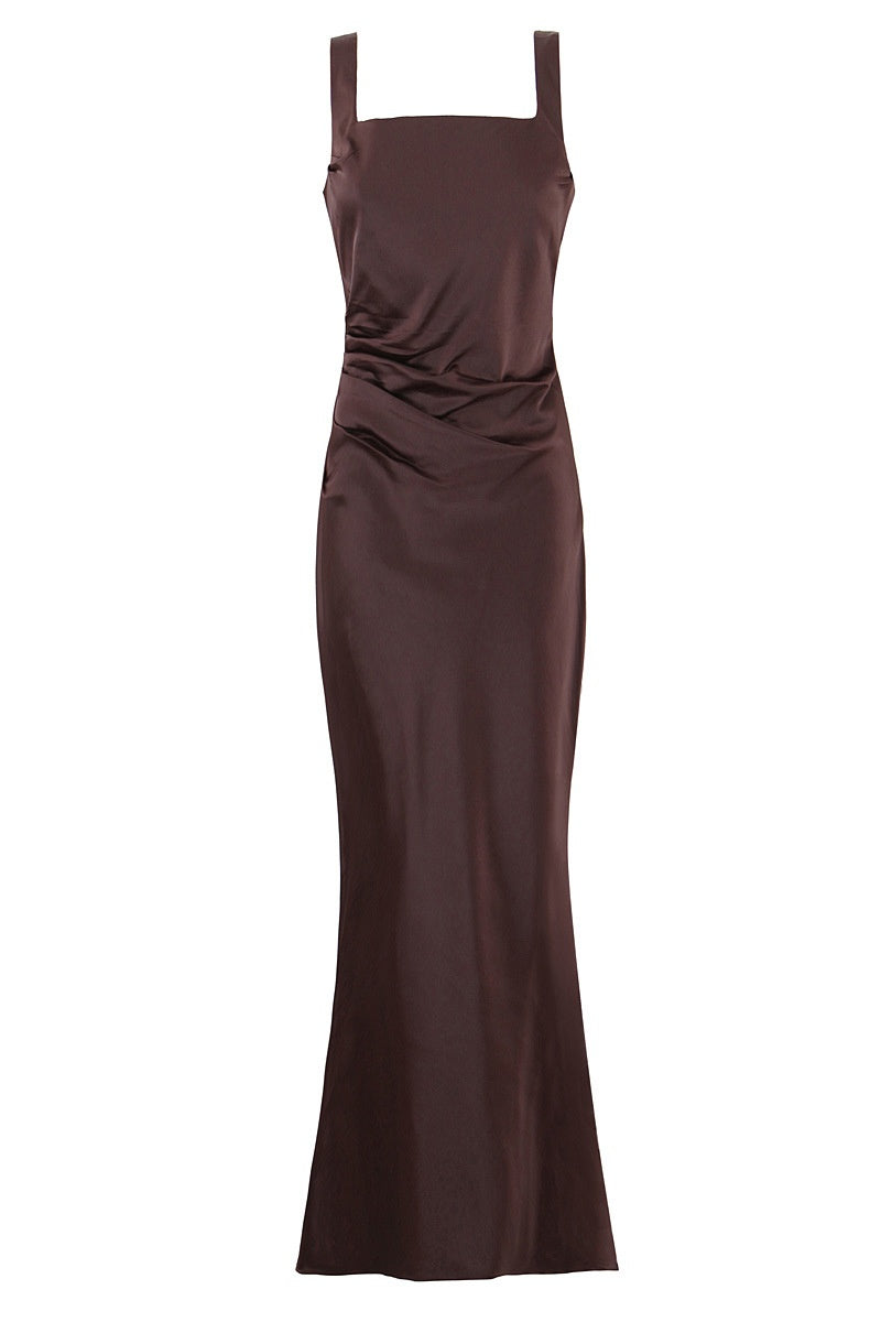 Brown Fitted Square Neckline Long Dress