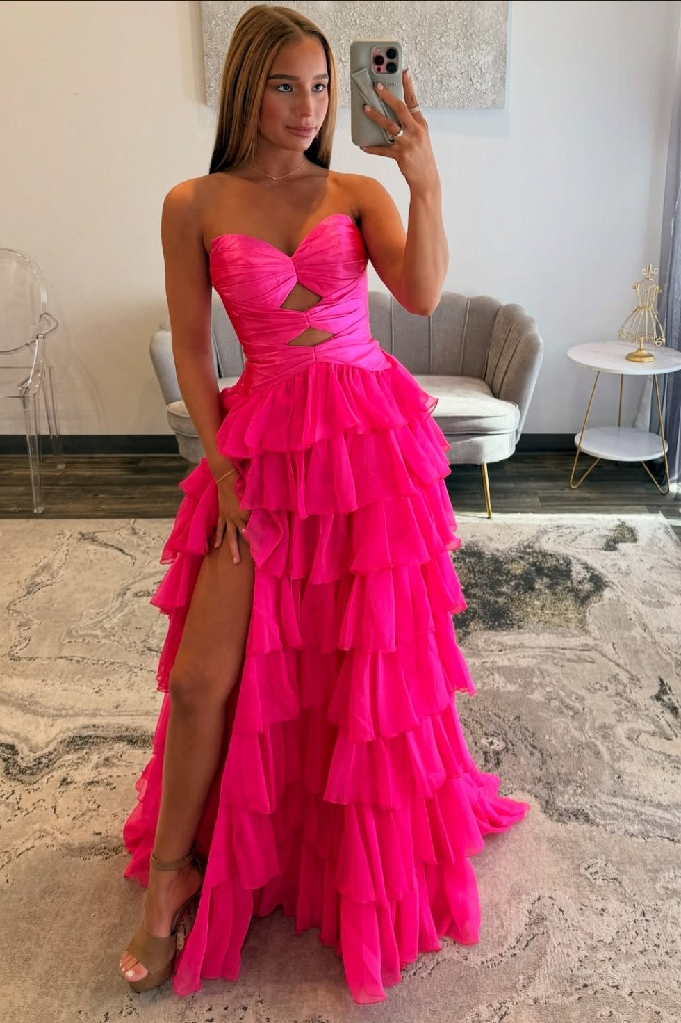 Hot Pink Sweetheart Cut-out Ruffled A-line Dress