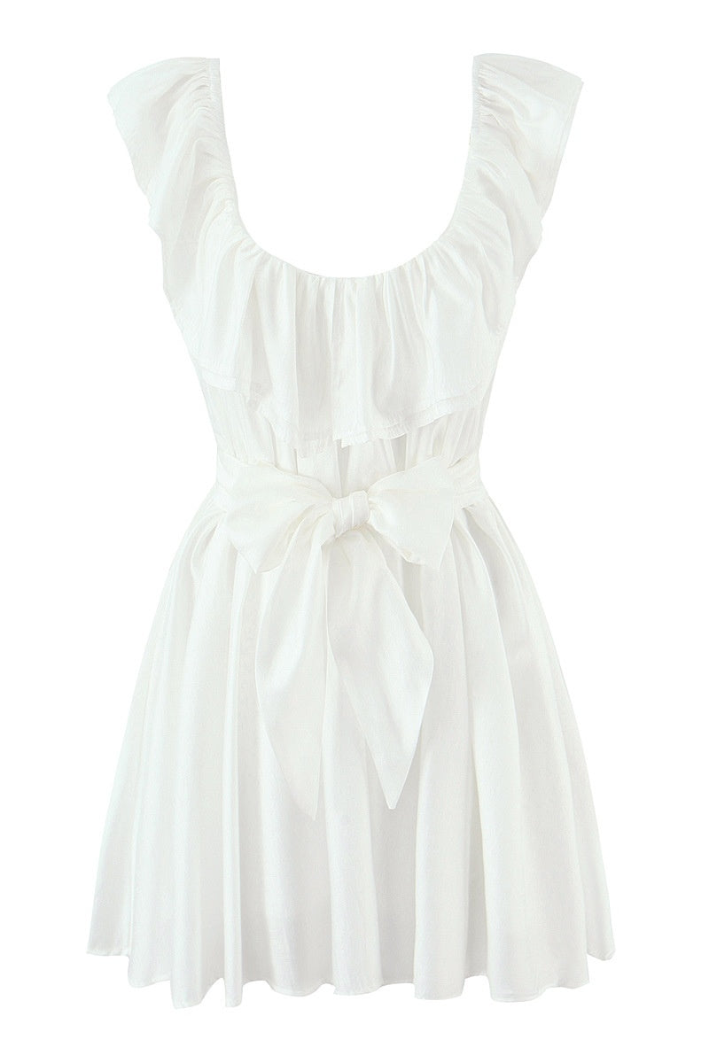 White A-Line Ruffled U-Neck Mini Dress