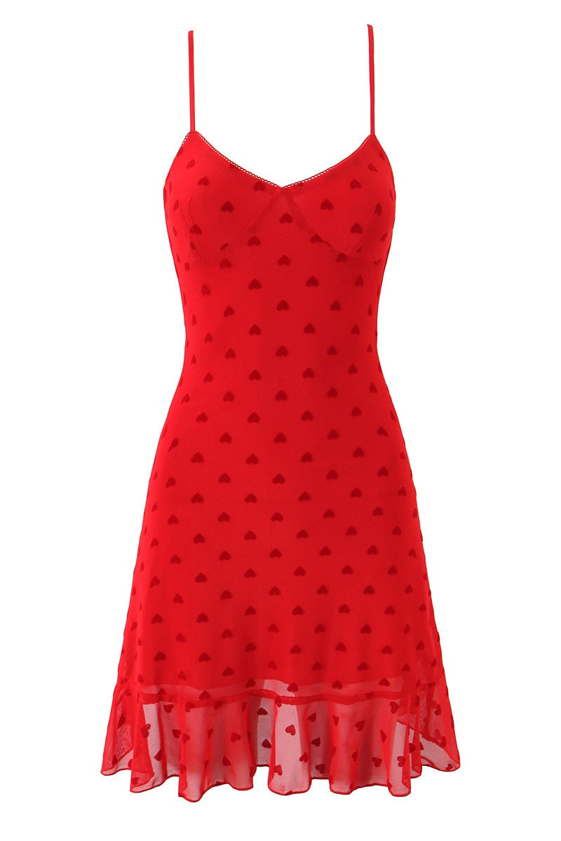 Red Spaghetti-Strap Ruffled A-Line Mini Dress