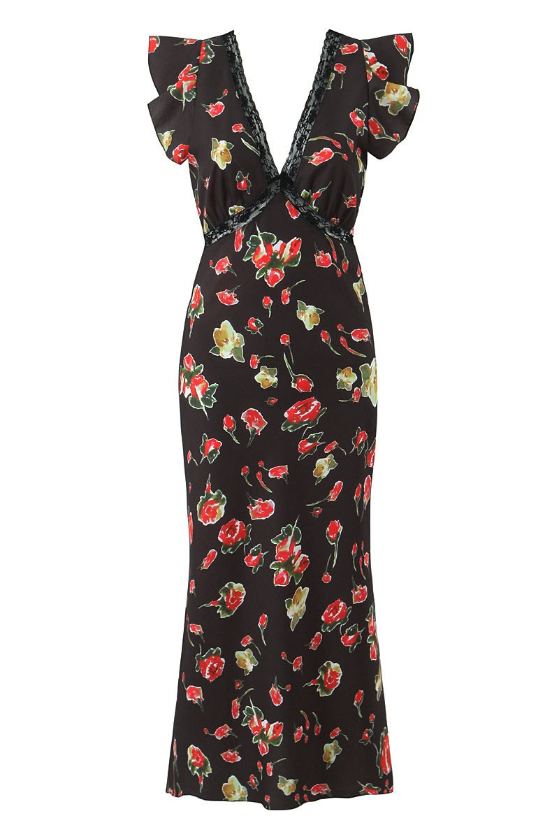 Black Printed V-Neck Long Dress with Lace Trim